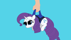 Size: 3840x2160 | Tagged: safe, artist:duran301, derpibooru import, rarity, unicorn, series:pack a pony, g4, blue background, carrying, hand, simple background, solo