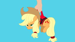 Size: 3840x2160 | Tagged: safe, artist:duran301, derpibooru import, applejack, earth pony, series:pack a pony, g4, blue background, carrying, hand, simple background, solo