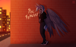 Size: 3456x2160 | Tagged: safe, artist:elektra-gertly, derpibooru import, oc, oc only, oc:pixi feather, anthro, pegasus, black eyeshadow, black socks, blue hair, blue tail, breasts, city, clothes, denim, evening, eyeshadow, female, golden eyes, graffiti, hoodie, jeans, lantern, looking at you, makeup, pants, pegasus oc, road, shoes, short tail, sneakers, socks, solo, sunset, tail, wings