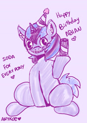 Size: 2480x3508 | Tagged: safe, artist:anykoe, derpibooru import, oc, oc only, oc:smile soda, unicorn, can, drink, gift art, happy birthday, hat, looking at you, party hat, purple background, simple background, smiling, smiling at you, soda, soda can, solo, text, traditional art