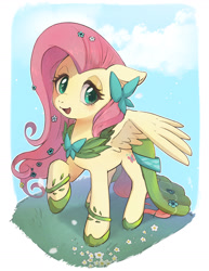 Size: 1700x2200 | Tagged: safe, artist:hosikawa, derpibooru import, fluttershy, pegasus, pony, g4, clothes, cute, dress, ears, female, floppy ears, flower, flower in hair, gala dress, lidded eyes, mare, open mouth, partially open wings, passepartout, shyabetes, sky, smiling, solo, wings