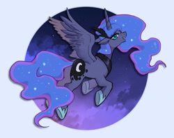 Size: 1168x932 | Tagged: safe, artist:hosikawa, derpibooru import, princess luna, alicorn, pony, g4, circle background, ethereal mane, ethereal tail, female, flying, jewelry, looking at you, looking back, looking back at you, mare, night, night sky, open mouth, sky, smiling, solo, spread wings, tail, tiara, wings