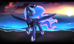Size: 3238x1943 | Tagged: safe, artist:hosikawa, derpibooru import, princess luna, alicorn, pony, g4, beach, black bars, ethereal mane, ethereal tail, female, glowing mane, jewelry, mare, ocean, scenery, scenery porn, smiling, solo, spread wings, sunset, tail, tiara, water, wings