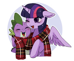 Size: 1024x847 | Tagged: safe, artist:hosikawa, derpibooru import, spike, twilight sparkle, alicorn, dragon, pony, g4, clothes, cute, daaaaaaaaaaaw, duo, duo male and female, eyes closed, female, male, mama twilight, mare, one eye closed, open mouth, partially open wings, scarf, shared clothing, shared scarf, smiling, spikabetes, spikelove, twiabetes, wings
