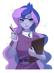 Size: 1027x1381 | Tagged: safe, artist:hosikawa, derpibooru import, princess luna, vice principal luna, equestria girls, g4, belt, clipboard, female, long hair, nail polish, pen, simple background, smiling, solo, sparkles, white background