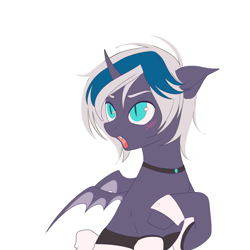 Size: 3072x3072 | Tagged: safe, artist:cryweas, derpibooru import, oc, oc only, oc:elizabat stormfeather, alicorn, bat pony, bat pony alicorn, pony, alicorn oc, bat pony oc, bat wings, blushing, choker, clothes, curved horn, dress, fangs, female, horn, maid, mare, open mouth, simple background, solo, white background, wings