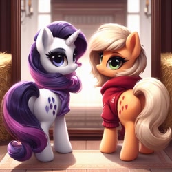 Size: 1024x1024 | Tagged: safe, ai content, machine learning generated, applejack, rarity, earth pony, pony, unicorn, alternate cutie mark, alternate hairstyle, applebutt, bing, butt, clothes, duo, female, fluffy, hatless, hay, head turn, hoodie, looking at you, looking back, looking back at you, mare, missing accessory, plot, plot pair, rear view, rearity