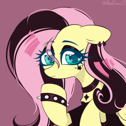 Size: 1920x1920 | Tagged: safe, artist:alyachan13, derpibooru import, fluttershy, pegasus, pony, choker, clothes, cute, ear piercing, earring, emoshy, jewelry, piercing, purple background, shyabetes, simple background, solo, studded bracelet