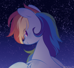 Size: 1796x1660 | Tagged: safe, artist:alyachan13, derpibooru import, rainbow dash, pegasus, pony, blue background, closed mouth, female, gradient background, lidded eyes, looking at you, looking back, looking back at you, mare, night, simple background, smiling, solo, starry night, stars