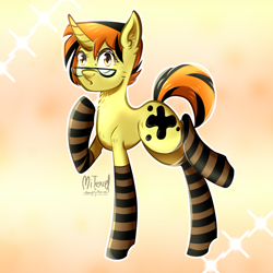 Size: 2500x2500 | Tagged: safe, artist:mitexcel, derpibooru import, oc, oc only, oc:merille artienda, pony, unicorn, brown eyes, clothes, glasses, gradient background, nonbinary, nonbinary pony, orange mane, orange tail, ponysona, short hair, short tail, socks, solo, stockings, striped socks, tail, thigh highs, yellow coat