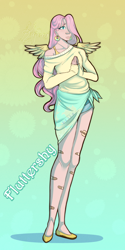 Size: 1184x2369 | Tagged: safe, artist:kutapikakun, derpibooru import, fluttershy, human, g4, bandage, bandaid, bokeh, clothes, denim, denim shorts, ear piercing, earring, eyelashes, feathered wings, female, flats, gradient background, hair over one eye, hands together, humanized, jewelry, long hair, off shoulder, piercing, pink hair, shoes, shorts, small wings, solo, spread wings, sweater, tallershy, winged humanization, wings