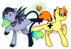 Size: 4288x2944 | Tagged: safe, artist:mitexcel, derpibooru import, oc, oc only, oc:cora magics, oc:merille artienda, bat pony, pony, unicorn, bat pony oc, best friends, blank flank, brown eyes, chains, choker, closed mouth, colored hooves, crystal, duo, ear fluff, ear piercing, ear tufts, earring, ears, element of empathy, element of love, elements of compassion, eyeshadow, fangs, female, glasses, glowing, gradient mane, gradient tail, grin, horn, jewelry, leonine tail, lidded eyes, long mane, long tail, makeup, mare, multicolored eyes, nonbinary, orange mane, orange tail, piercing, punk, queerplatonic, short mane, short tail, sidecut, simple background, smiling, spiked choker, spread wings, tail, transparent background, transparent wings, unicorn oc, wings, yellow coat