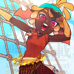 Size: 1000x1000 | Tagged: safe, artist:fine_hamachi, derpibooru import, shanty goat, anthro, them's fightin' herds, bandana, blush sticker, blushing, community related, dreadlocks, looking at you, open mouth, open smile, pirate, smiling, solo, text