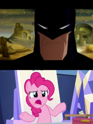 Size: 300x400 | Tagged: safe, artist:batman714, derpibooru import, edit, edited screencap, screencap, pinkie pie, earth pony, human, pony, batman, dc comics, episode needed, female, glare, male, shrug, superhero