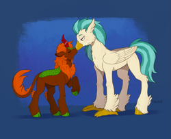 Size: 5787x4696 | Tagged: safe, artist:birdoffnorth, derpibooru import, oc, oc only, oc:fallen leaf, oc:ocean wind, classical hippogriff, hippogriff, kirin, eyes closed, gay, hippogriff oc, kirin oc, kissing, male, not terramar, raised hoof, raised leg, size difference