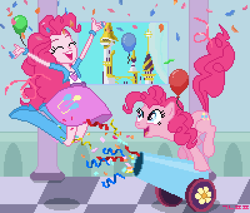 Size: 1000x850 | Tagged: safe, artist:gonicfanfic, derpibooru import, pinkie pie, earth pony, human, equestria girls, confetti, party cannon, pixel art, self paradox, self ponidox, smiling