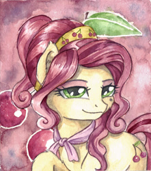 Size: 2187x2471 | Tagged: safe, artist:the-wizard-of-art, derpibooru import, cherry jubilee, earth pony, pony, female, high res, lidded eyes, mare, raised hoof, raised leg, smiling, solo, traditional art, watercolor painting