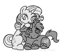 Size: 2336x1897 | Tagged: safe, artist:leopardsnaps, derpibooru import, rarity, oc, oc:crystal nightshine, pony, unicorn, cuddling, duo, female, horn, limited palette, male, petting, shipping, simple background, sketch, straight, transgender, transgender oc, unicorn oc, unshorn fetlocks, white background