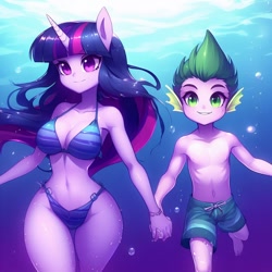 Size: 1024x1024 | Tagged: safe, ai content, derpibooru import, generator:bing image creator, machine learning generated, spike, twilight sparkle, equestria girls, bikini, blue bikini, breasts, clothes, female, headlight sparkle, holding hands, male, swimming, swimsuit, underwater, water