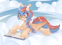 Size: 3800x2800 | Tagged: safe, artist:xvostik, derpibooru import, oc, oc only, oc:dracey, pegasus, pony, book, braid, chest fluff, cloud, colored wings, ear fluff, ears, glasses, gradient wings, hoof fluff, lying down, pegasus oc, single fang, wings