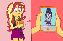 Size: 3613x2357 | Tagged: safe, artist:bugssonicx, derpibooru import, sci-twi, sunset shimmer, twilight sparkle, equestria girls, bondage, cleave gag, cloth gag, crying, gag, kidnapped, phone, scared, tied up, worried