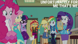 Size: 2000x1125 | Tagged: safe, derpibooru import, edit, edited screencap, editor:quoterific, screencap, applejack, fluttershy, pinkie pie, rainbow dash, rarity, sci-twi, sunset shimmer, twilight sparkle, better together, equestria girls, forgotten friendship, humane five, humane seven, humane six