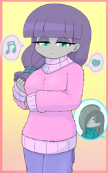 Size: 1832x2922 | Tagged: safe, artist:batipin, derpibooru import, marble pie, maud pie, equestria girls, clothes, cute, digital art, female, gradient background, happy, heart, lidded eyes, pants, smiling, sweater