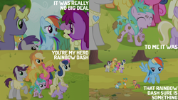 Size: 2000x1125 | Tagged: safe, derpibooru import, edit, edited screencap, editor:quoterific, screencap, applejack, berry punch, berryshine, bon bon, cherry berry, parasol, ponet, rainbow dash, scootaloo, snails, snips, sweetie drops, tornado bolt, written script, g4, the mysterious mare do well, aura (g4)