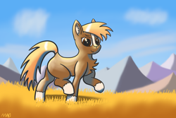Size: 3072x2048 | Tagged: safe, artist:maonyman, derpibooru exclusive, derpibooru import, sergeant reckless, earth pony, horse, pony, background, chest fluff, cloud, coat markings, dock, ear fluff, ears, facial markings, grass, happy, highlights, lighting, looking at you, mountain, mountain range, ponified, raised hoof, raised hooves, raised leg, raised tail, shading, shadow, smiling, socks (coat marking), solo, species swap, tail, trotting