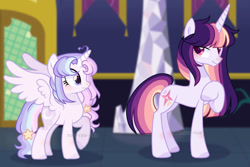 Size: 1280x853 | Tagged: safe, artist:moon-rose-rosie, derpibooru import, oc, oc only, alicorn, pony, unicorn, alicorn oc, female, horn, magical lesbian spawn, mare, offspring, parent:rainbow dash, parent:twilight sparkle, parents:twidash, twilight's castle, wings