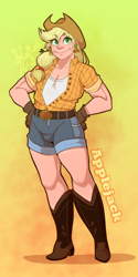 Size: 1184x2369 | Tagged: safe, artist:kutapikakun, derpibooru import, applejack, human, g4, alternate hairstyle, applejack's hat, boots, clothes, cowboy boots, cowboy hat, cute, ear piercing, earring, female, flannel, freckles, gloves, hat, humanized, jackabetes, jewelry, muscles, piercing, shoes, shorts, solo, straw in mouth, tanktop