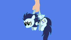 Size: 3840x2160 | Tagged: safe, artist:duran301, derpibooru import, soarin', pegasus, pony, series:pack a pony, blue background, carrying, hand, offscreen character, simple background, solo