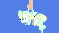 Size: 3840x2160 | Tagged: safe, artist:duran301, derpibooru import, vapor trail, pegasus, pony, series:pack a pony, blue background, carrying, hand, offscreen character, simple background, solo