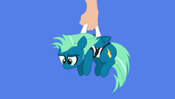 Size: 3840x2160 | Tagged: safe, artist:duran301, derpibooru import, sky stinger, pegasus, pony, series:pack a pony, blue background, carrying, hand, offscreen character, simple background, solo