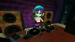 Size: 1920x1080 | Tagged: safe, artist:oatmeal!, derpibooru import, dj pon-3, vinyl scratch, human, equestria girls, 3d, accessory swap, amplifier, bare shoulders, breasts, canterlot high, cleavage, clothes, computer, gmod, headphones, laptop computer, looking at you, music, performance, record player, solo, spotlight, stage, standing, sunglasses