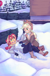 Size: 1800x2700 | Tagged: safe, artist:abbytabbys, derpibooru import, applejack, sunset shimmer, fanfic:looking glass, series:who we become, equestria girls, commission, full background, snow, snowball, snowball fight, stop sign, tree, younger
