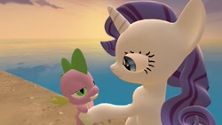 Size: 1280x720 | Tagged: safe, artist:cakesarelies, derpibooru import, rarity, spike, dragon, pony, unicorn, g4, 3d, female, gmod, holding hoof, lidded eyes, looking at each other, looking at someone, male, mare, marriage proposal, ocean, shipping, smiling, smiling at each other, source filmmaker, sparity, straight, water