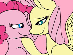 Size: 1516x1142 | Tagged: safe, artist:jadeharmony, derpibooru import, fluttershy, pinkie pie, earth pony, pegasus, pony, big smile, duo, female, flutterpie, hoof under chin, lesbian, lidded eyes, looking at each other, looking at someone, mare, pink background, shipping, simple background, smiling, smiling at each other, spread wings, wings