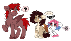 Size: 2560x1497 | Tagged: safe, artist:batavern, artist:hardrock, derpibooru import, oc, oc:hardy, alicorn, bat pony, pony, collaboration, chest fluff, female, looking at each other, looking at someone, male, mare, simple background, stallion, teasing, tongue, tongue out, trio, white background