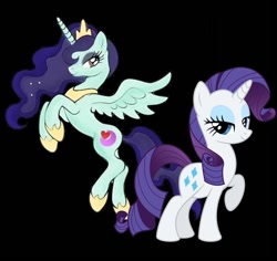 Size: 1080x1018 | Tagged: safe, artist:princessmoonlove, derpibooru import, rarity, oc, oc:princess moonlove, alicorn, pony, unicorn, alicorn oc, black background, closed mouth, ethereal hair, ethereal mane, ethereal tail, eyeshadow, female, flying, hoof shoes, horn, jewelry, lidded eyes, makeup, mare, peytral, princess shoes, raised hoof, raised leg, recolor, simple background, smiling, sparkly mane, spread wings, standing, tail, tiara, wings