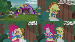 Size: 2000x1125 | Tagged: safe, derpibooru import, edit, edited screencap, editor:quoterific, screencap, applejack, pinkie pie, accountibilibuddies, better together, equestria girls, forest, nature, stage, tree, tree stump