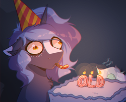 Size: 2804x2280 | Tagged: safe, artist:witchtaunter, derpibooru import, lyra heartstrings, oc, oc:witching hour, pony, unicorn, birthday, cake, candle, faic, food, hat, male, party hat, party horn, sniffing, stallion