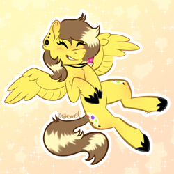 Size: 2500x2500 | Tagged: safe, artist:mitexcel, derpibooru import, oc, oc only, oc:color brush, pegasus, pony, artfight, brown mane, brown tail, ear piercing, happy, jewelry, necklace, piercing, tail, yellow coat