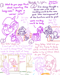 Size: 4779x6013 | Tagged: safe, artist:adorkabletwilightandfriends, derpibooru import, lily, lily valley, spike, starlight glimmer, twilight sparkle, twilight sparkle (alicorn), alicorn, comic:adorkable twilight and friends, g4, adorkable, adorkable twilight, aspirations, ass up, book, change, comic, cute, door, dork, front door, funny, happy, humor, idea, ignoring, leaning, nervous, scared, slice of life, smiling, sofa, tail, tail fluff