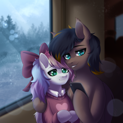 Size: 2292x2286 | Tagged: safe, artist:alunedoodle, derpibooru import, oc, oc only, oc:black night, oc:blazey sketch, bat pony, pegasus, pony, bow, couple, hair bow, hug, phone, two toned mane