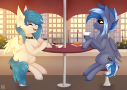 Size: 3790x2700 | Tagged: safe, artist:elektra-gertly, derpibooru import, oc, oc only, oc:cloud snow, oc:pixi feather, pegasus, pony, cafe, choker, coffee, cute, cutie mark, day, duo, duo female, female, food, sitting, summer, talking, umbrella