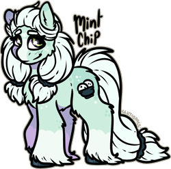 Size: 1379x1363 | Tagged: safe, artist:sexygoatgod, derpibooru import, oc, oc only, oc:mint chip, pony, blaze (coat marking), butt fluff, cheek fluff, chest fluff, closed mouth, coat markings, colored eartips, colored hooves, eat fluff, facial markings, female, fluffy, freckles, green eyes, hoof polish, leg fluff, leg freckles, lightly watermarked, mare, pigtails, simple background, smiling, snow, snowpony, socks (coat marking), solo, star (coat marking), transparent background, unshorn fetlocks, watermark