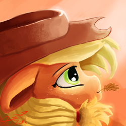 Size: 1200x1200 | Tagged: safe, artist:tazool, derpibooru import, applejack, earth pony, pony, bust, female, hat, looking up, mare, portrait, profile, smiling, solo, straw in mouth