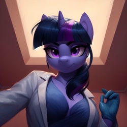 Size: 1024x1024 | Tagged: safe, ai content, derpibooru import, machine learning generated, twilight sparkle, anthro, clothes, doctor, examination, gloves, lab coat, latex, latex gloves, prompter needed, smiling, solo