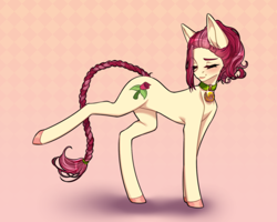 Size: 1500x1200 | Tagged: safe, artist:takic, derpibooru import, roseluck, earth pony, pony, alternate hairstyle, blushing, braid, braided tail, collar, commission, commissioner:doom9454, cute, eyes closed, female, mare, patterned background, pet collar, pet tag, raised leg, rosepet, smiling, tail